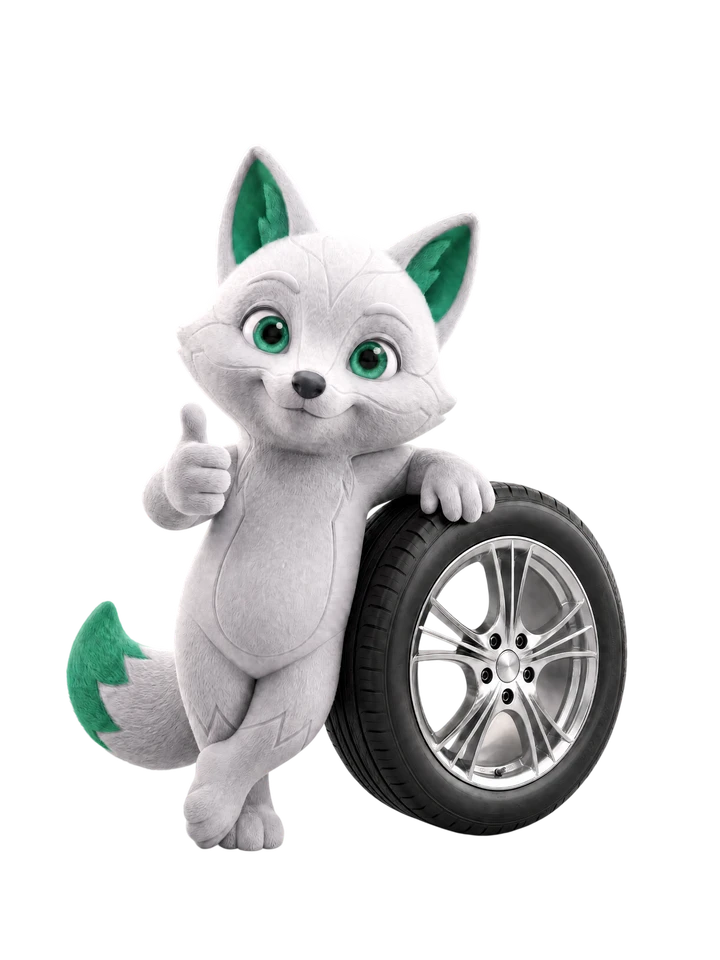 Маскот Carflow рядом с автомобильным колесом показывает большой палец